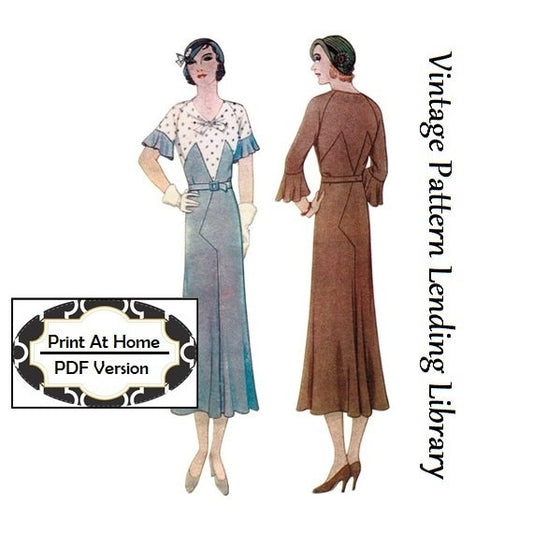 1930s Art Deco Style Dress With Sleeve Flare - INSTANT DOWNLOAD - Reproduction 1932 Sewing Pattern #T6895 - 38 Inch Bust -PDF- Print At Home