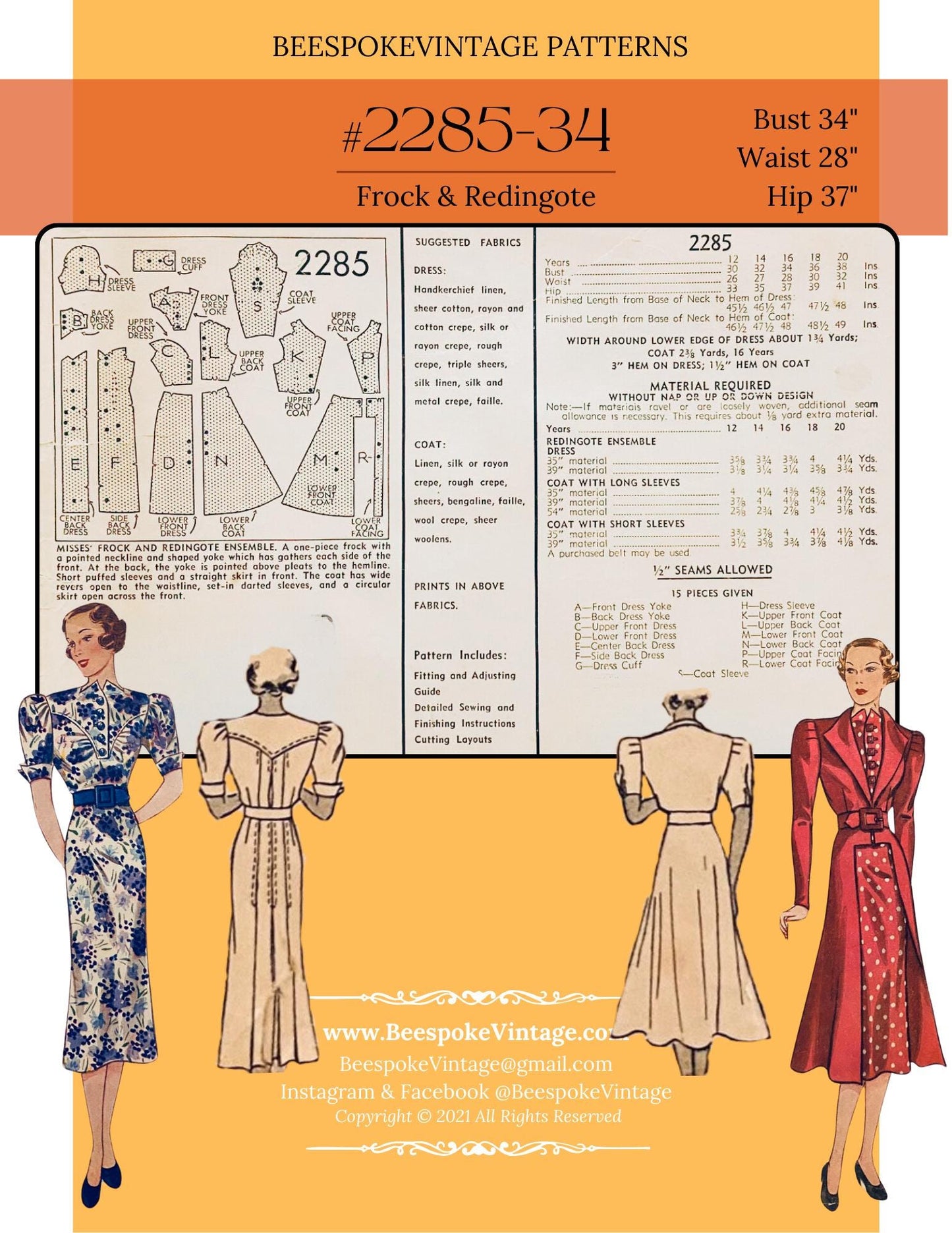 1930s Redingote Ensemble Dress & Coat - Bust 34" - Reproduction Vintage Pattern #2285-34 - PDF - Print At Home