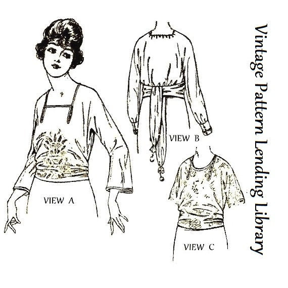 1920s Ladies Slip-Over Blouse In Kimono Style - Reproduction 1921 Sewing Pattern #Z2691 - 34 Inch Bust