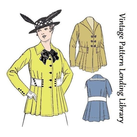 1910s Ladies Belted Jacket In Two Lengths With Collar Options - 1915 Reproduction Sewing Pattern #E6289 - 40 Inch Bust