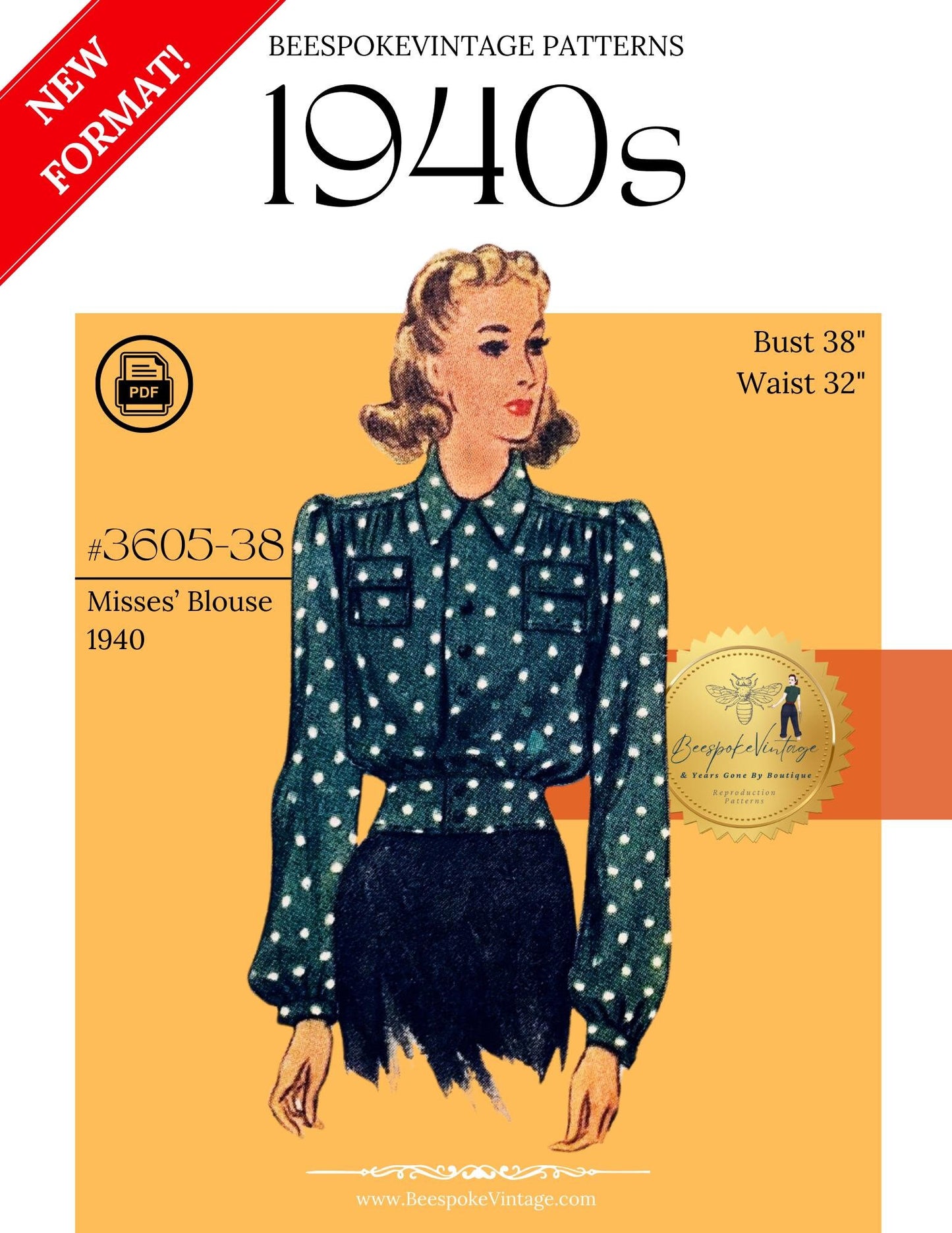 1940s Misses' Blouse - Bust 38" - Reproduction Vintage Pattern #3605-38 - PDF - Print At Home