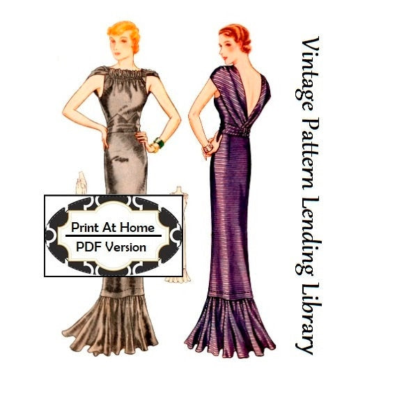 1930s Ladies Evening Gown With Gathered Neckline - INSTANT DOWNLOAD - Reproduction 1933 Sewing Pattern #T7595 - PDF - Print at Home