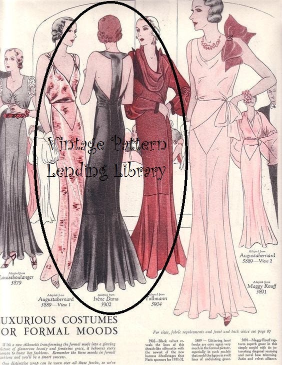 1930s Ladies Evening Gown With Center Back Band - Reproduction 1931 Sewing Pattern #T5902 - 34 Inch Bust