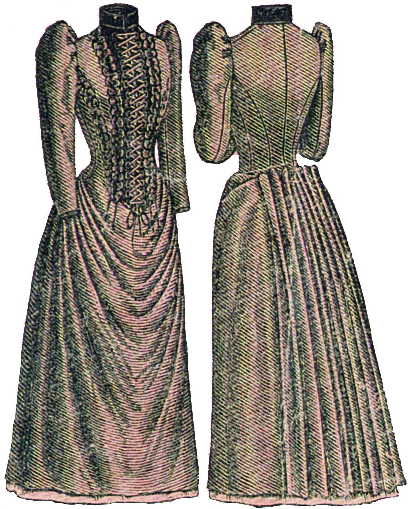 1890s Polonaise Dress With Back Pleating - Madame Demorest - Victorian Era - Reproduction (ca. 1890) Sewing Pattern #E4703 - 36 Inch Bust