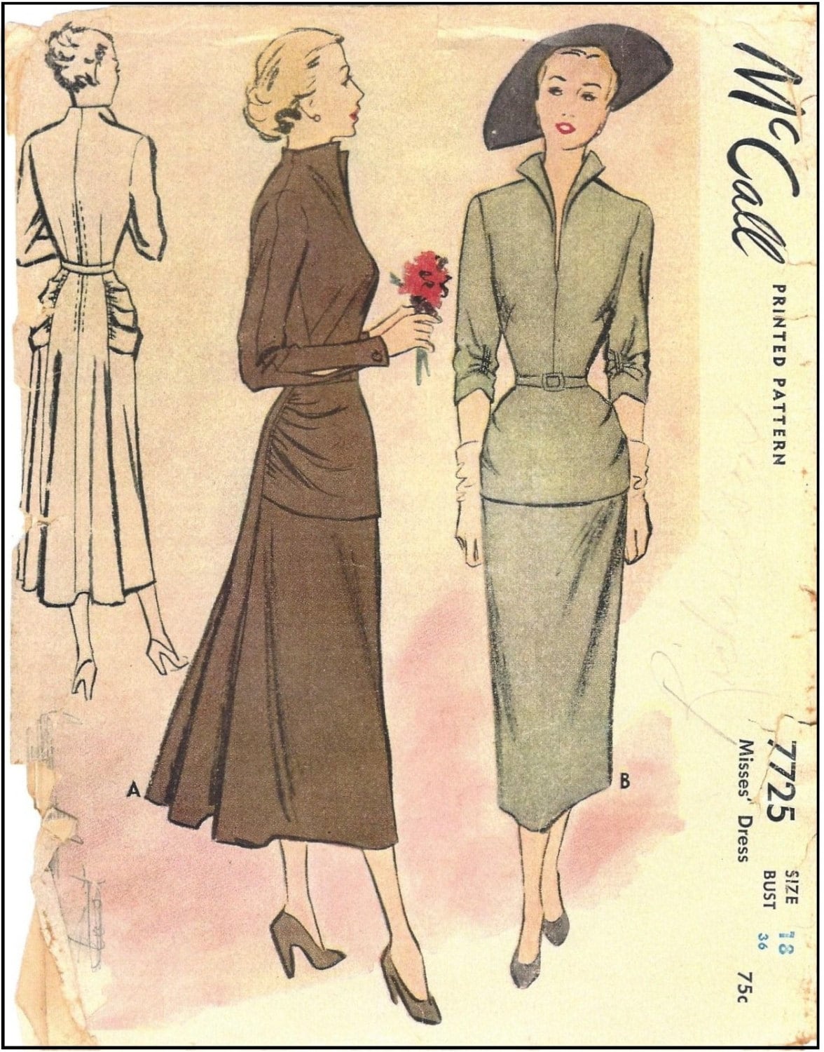 1940s Ladies Cocktail Dress with Yoke Drape - Reproduction 1949 Sewing Pattern #F7725 - 36 Inch Bust