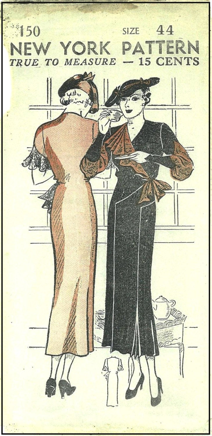 1930s Ladies Dress With Open Neck & Jabot - Art Deco (ca. 1935) - Reproduction Sewing Pattern #T0150 - 44 Inch Bust