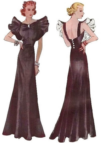 1930s Ladies Evening Gown With Wide Ruffled Trim - Reproduction 1936 Sewing Pattern #T9037 - 38 Inch Bust