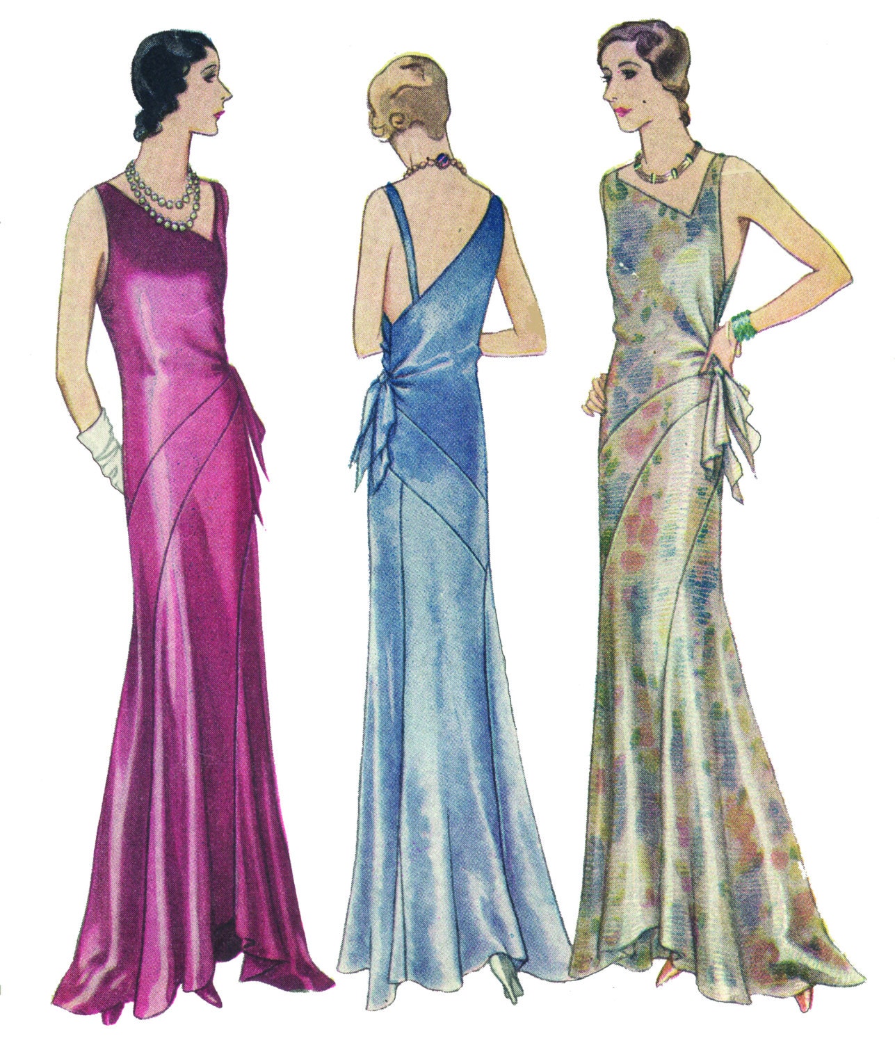 1930 Ladies Evening Gown with Bias Bands - Art Deco (ca. 1929-30) Pattern #T6298 - 42 Inch Bust