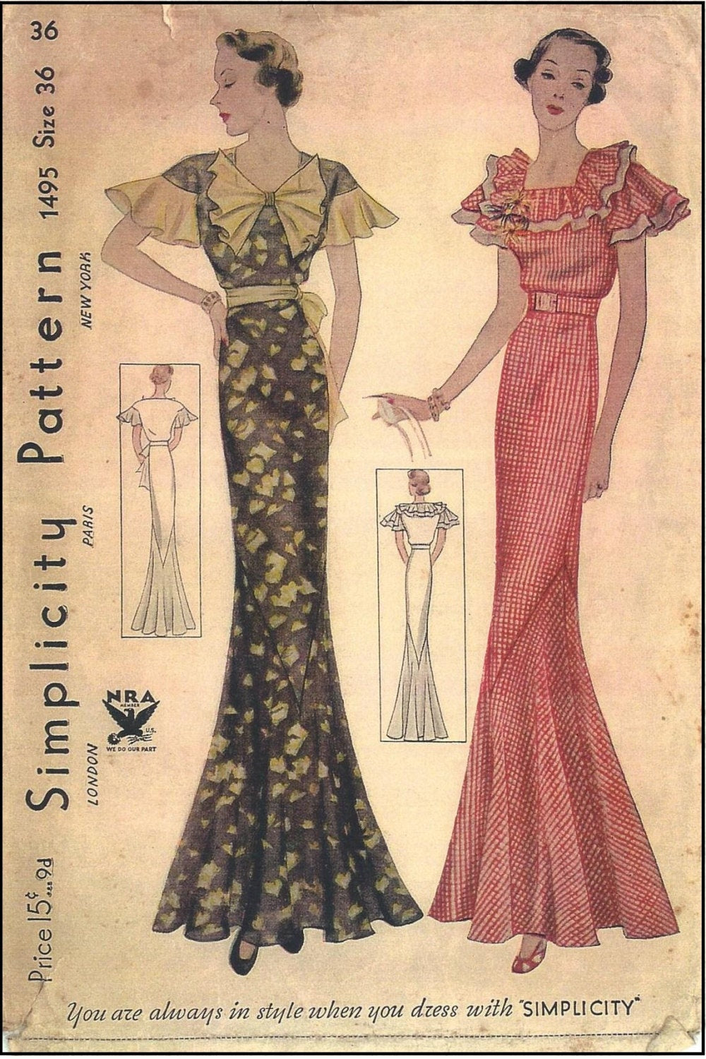 1930s Ladies Evening Gown With Two Neckline Options - Reproduction 1934 Sewing Pattern #T1495 - 36 Inch Bust