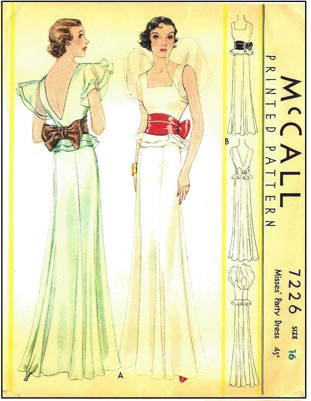 1930s Ladies Evening Gown With Sash - Reproduction 1933 Sewing Pattern #T7226 - 34 Inch Bust