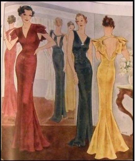 1930s Ladies Evening Gown With Pleated Sleeves - Reproduction 1934 Sewing Pattern #T8079 - 36 Inch Bust