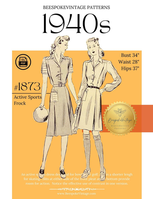 1940s Women's and Misses' Active Sports Frock, Bowling Dress - Bust 34" Reproduction Vintage Pattern #1873-34 - PDF - Print At Home