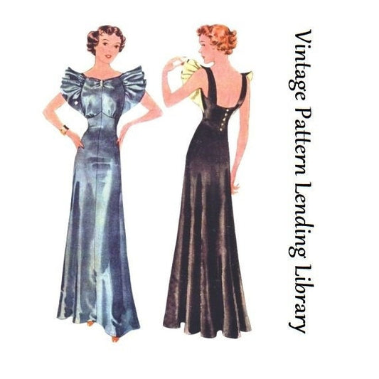 1930s Ladies Evening Gown With Wide Ruffled Trim - Reproduction 1936 Sewing Pattern #T9037 - 38 Inch Bust