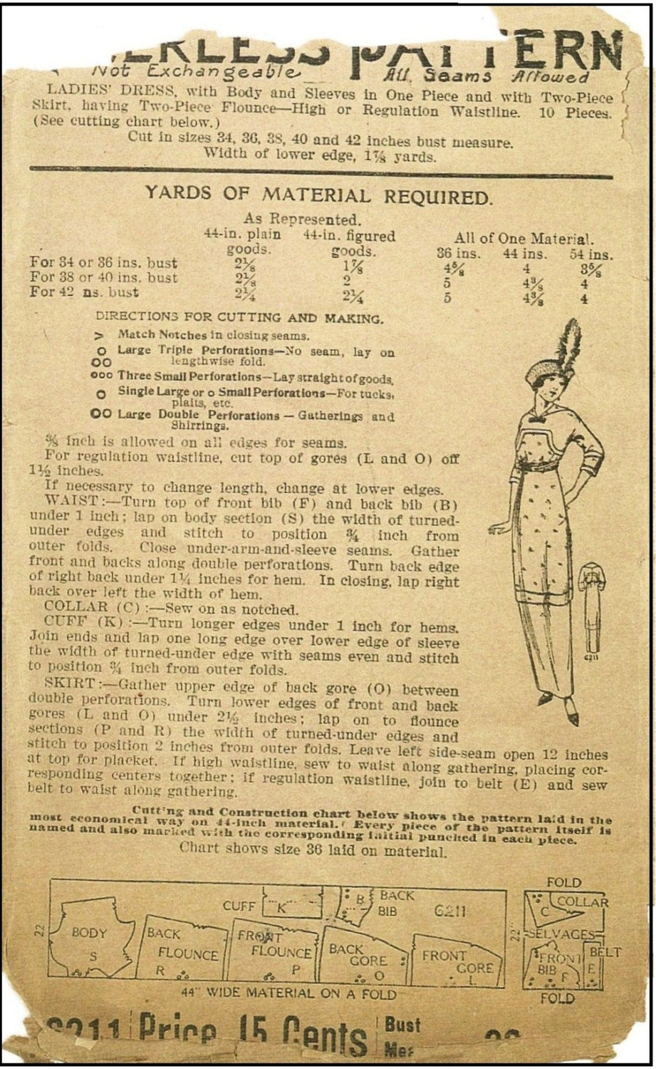 1912 Ladies Dress with Flounce - INSTANT DOWNLOAD - Reproduction Sewing Pattern #E6211 - 36 Inch Bust - PDF - Print At Home