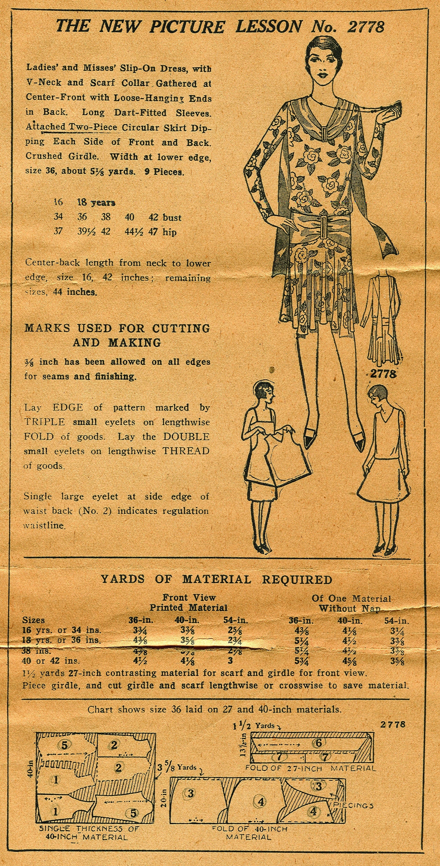 1920s Ladies Slip-On Dress With Scarf Collar - Reproduction Sewing Pattern #Z2778 - 38 Inch Bust