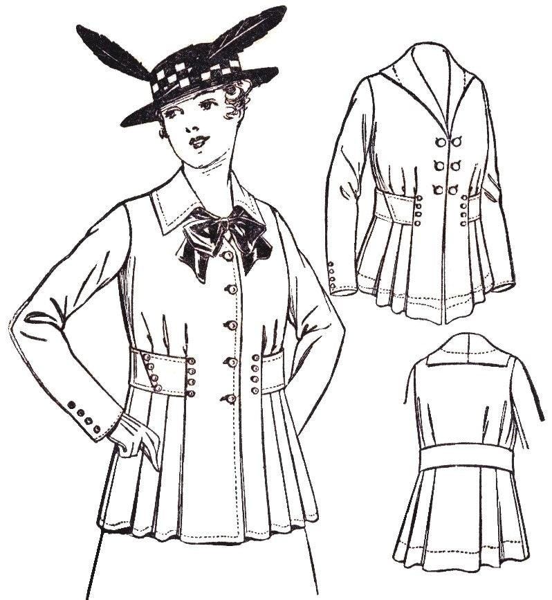 1910s Ladies Belted Jacket In Two Lengths With Collar Options - 1915 Reproduction Sewing Pattern #E6289 - 40 Inch Bust