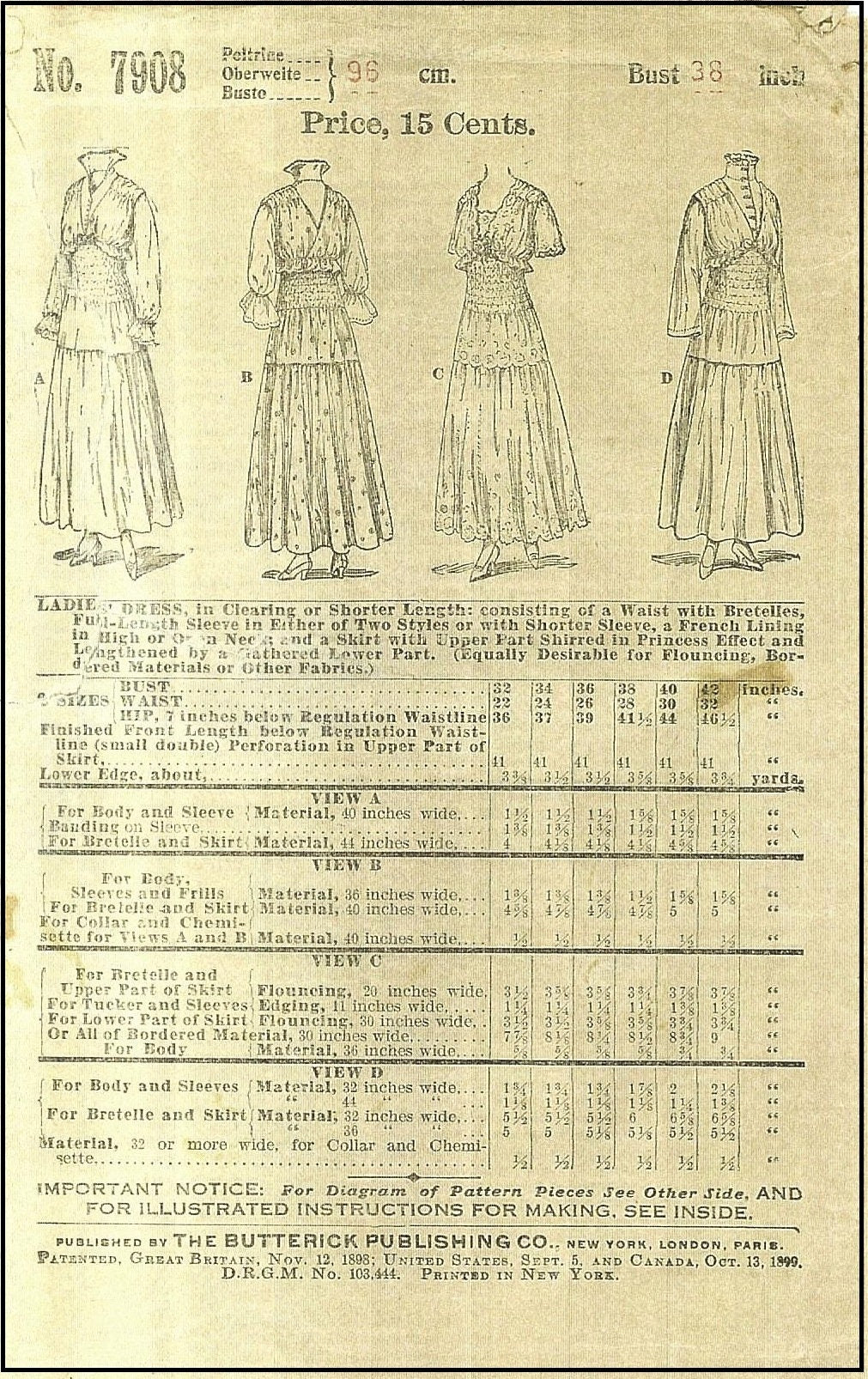 1915 Shirred Dress With Bretelles In Clearing Length -INSTANT DOWNLOAD- Reproduction Sewing Pattern #E7908 -38 Inch Bust- PDF- Print At Home