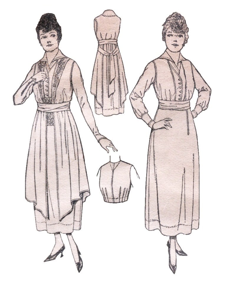 1918 Late Edwardian Dress With Plain or Skirted Tunic -INSTANT DOWNLOAD- Reproduction Sewing Pattern #E7603 -36 Inch Bust- PDF-Print At Home