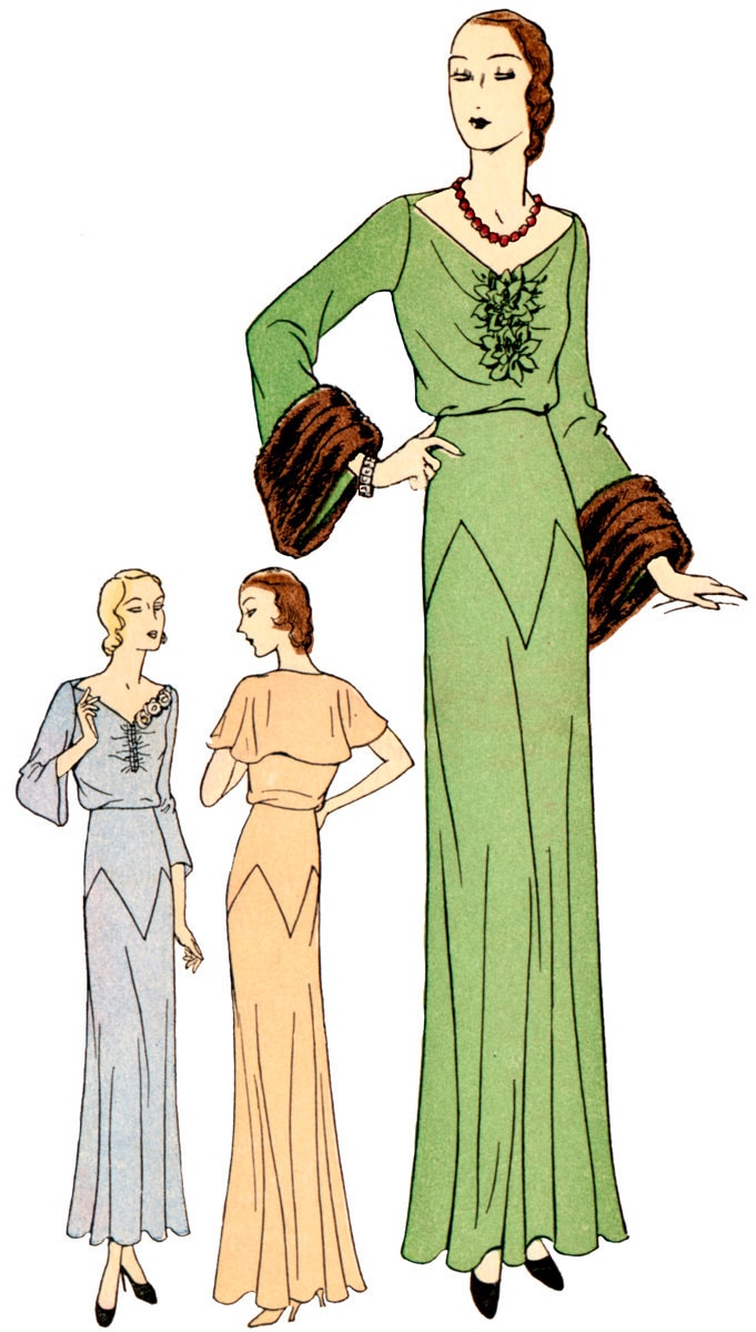 1930s Ladies Evening Gown With Deep Cuffs - Reproduction 1931-33 Sewing Pattern #T5846 - 34 Inch Bust