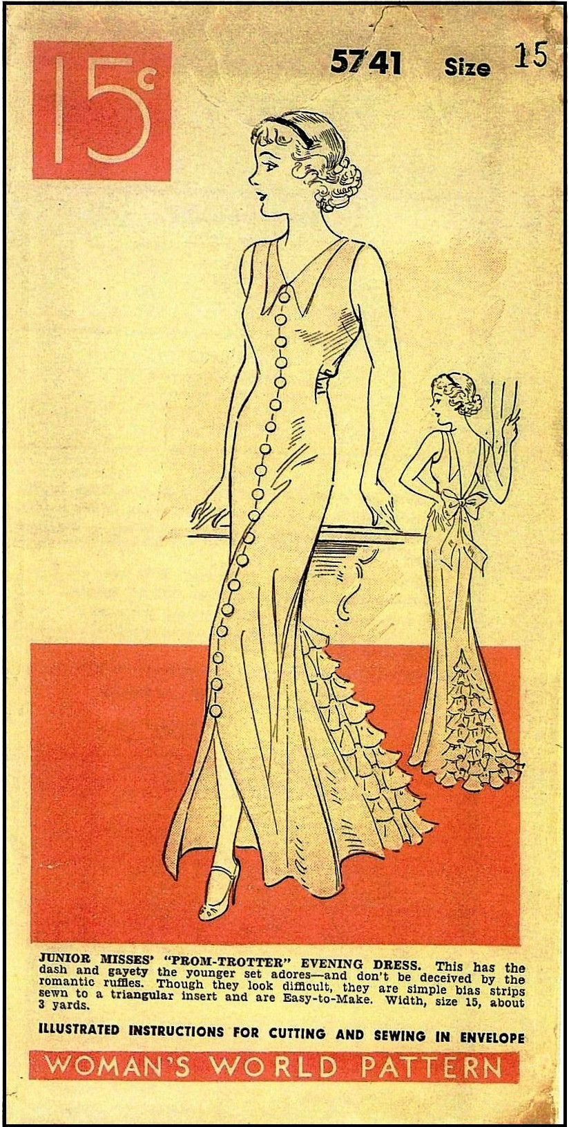 1930s Junior Miss Prom-Trotter Evening Gown - Reproduction 1935 Sewing Pattern #T5741 - 35 Inch Bust