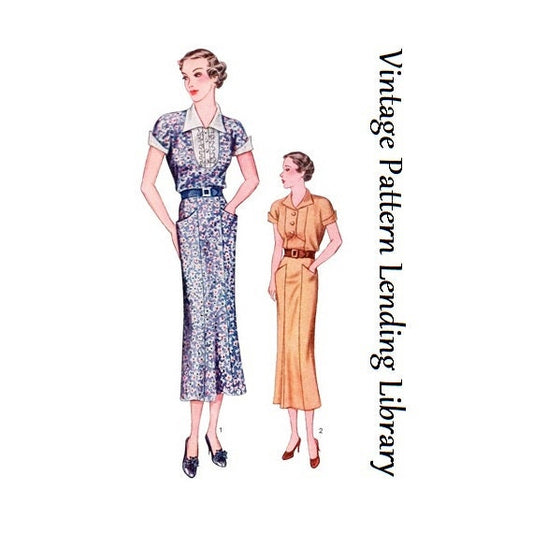 1930s Ladies Day Dress With Two Style Necklines - Reproduction 1936 Sewing Pattern #T8116 - 42 Inch Bust