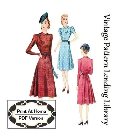 1940 Ladies Day Dress With Back Fullness - INSTANT DOWNLOAD - Reproduction Sewing Pattern #F3296 - 36 Inch Bust - PDF - Print At Home