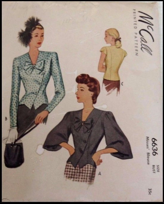 1940s Ladies Blouse With Three Sleeve Options - INSTANT DOWNLOAD - Reproduction 1946 Sewing Pattern #F6636 -36 Inch Bust - PDF-Print At Home