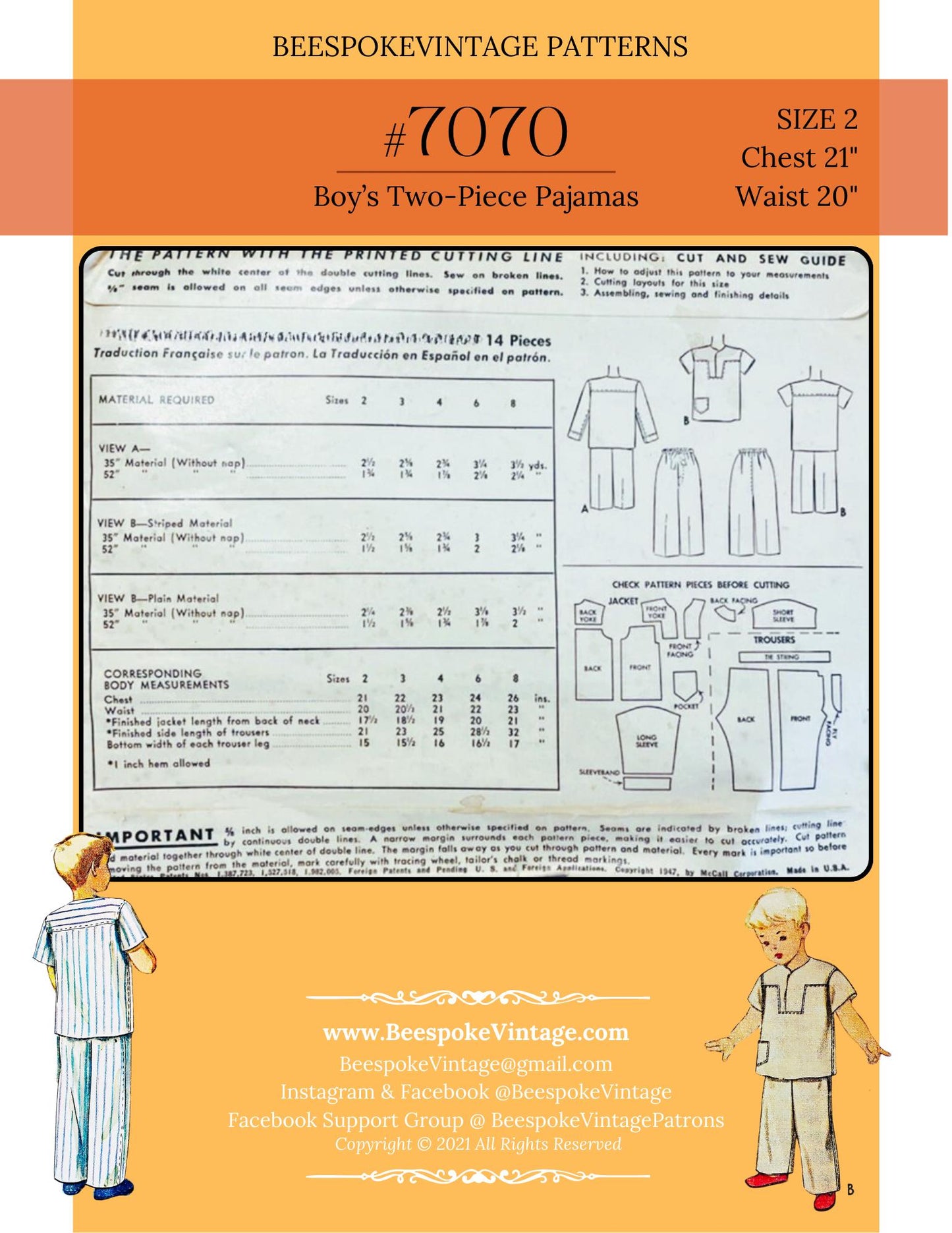 1940s Boy's Two-Piece Pajamas - Sz 2T (Fits like 4T) Reproduction Vintage Pattern #7070-2T - PDF - Print At Home