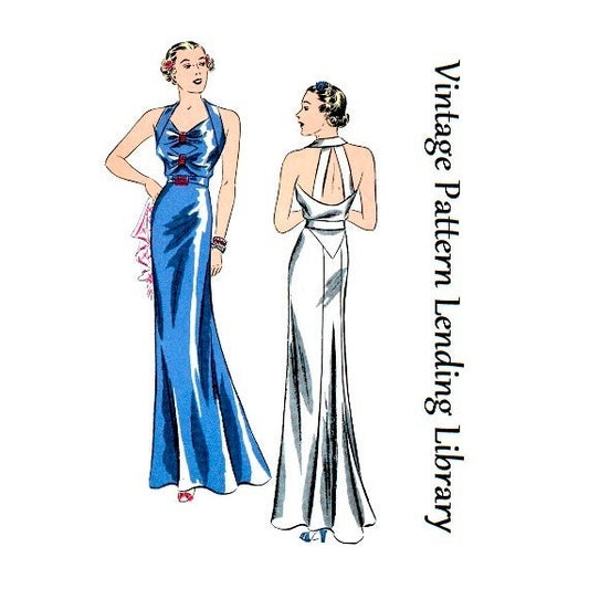 1930s Ladies Evening Gown With Back Bands - Reproduction 1936 Sewing Pattern #T1602 - 34 Inch Bust