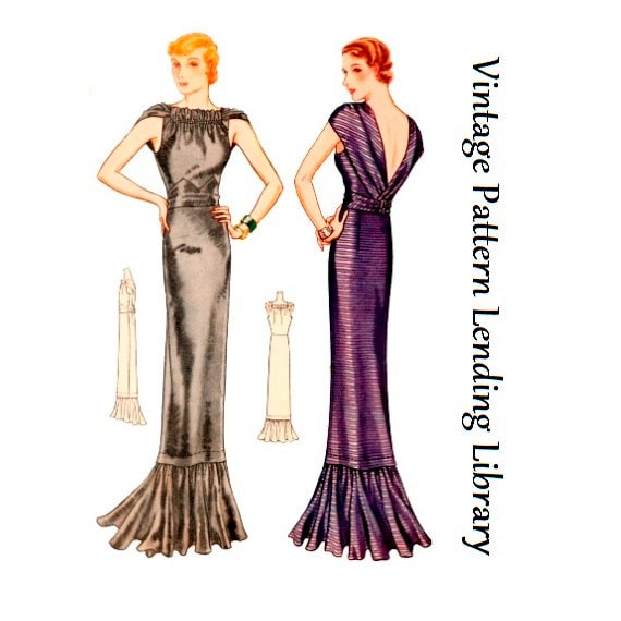 1930s Ladies Evening Gown With Gathered Neckline - Reproduction 1933 Sewing Pattern #T7595 - 32 Inch Bust