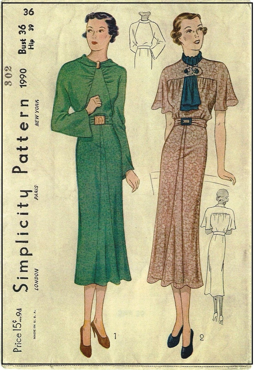 1930s Ladies Day Dress In Two Styles - Reproduction 1936 Sewing Pattern #T1990 - 36 Inch Bust