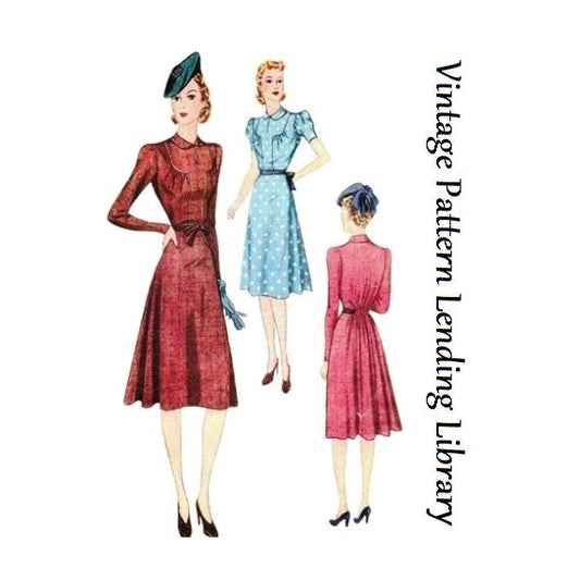 1940 Ladies Day Dress With Back Fullness - Reproduction Sewing Pattern #F3296 - 36 Inch Bust