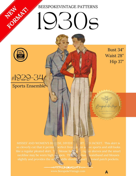 1930s Misses' and Women's Blouse, Divided Skirt and Jacket - Bust 34" - Reproduction Vintage Pattern #1929-34 - PDF - Print At Home