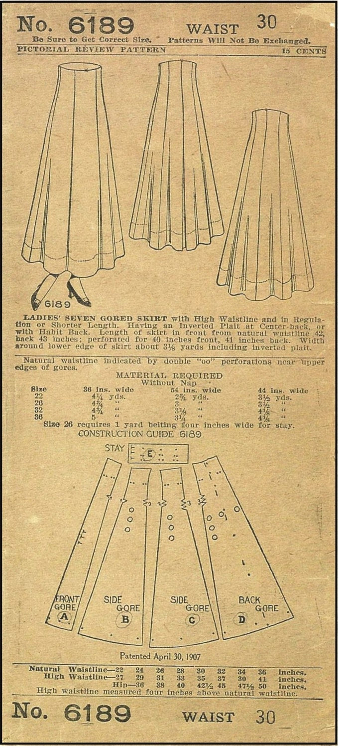 1918 Ladies Seven Gored Skirt - INSTANT DOWNLOAD - Reproduction Sewing Pattern #E6189 - 30 Inch Waist - PDF - Print At Home