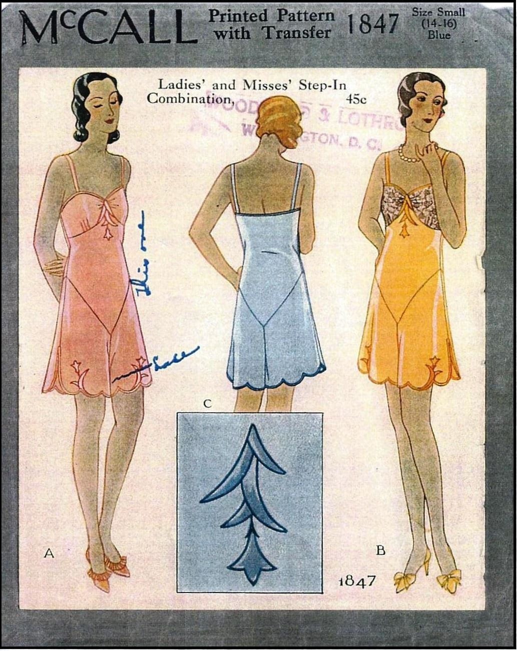 1930s Ladies Step-In Combination Undergarment Wtih Floral Applique - Reproduction 1931 Sewing Pattern #T1847 - 34 Inch Bust