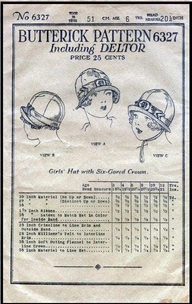 1920s Child/Youth Cloche Hat with Turned Up Front Brim - Reproduction 1925 Sewing Pattern #H6327