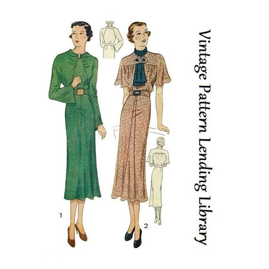 1930s Ladies Day Dress In Two Styles - Reproduction 1936 Sewing Pattern #T1990 - 36 Inch Bust