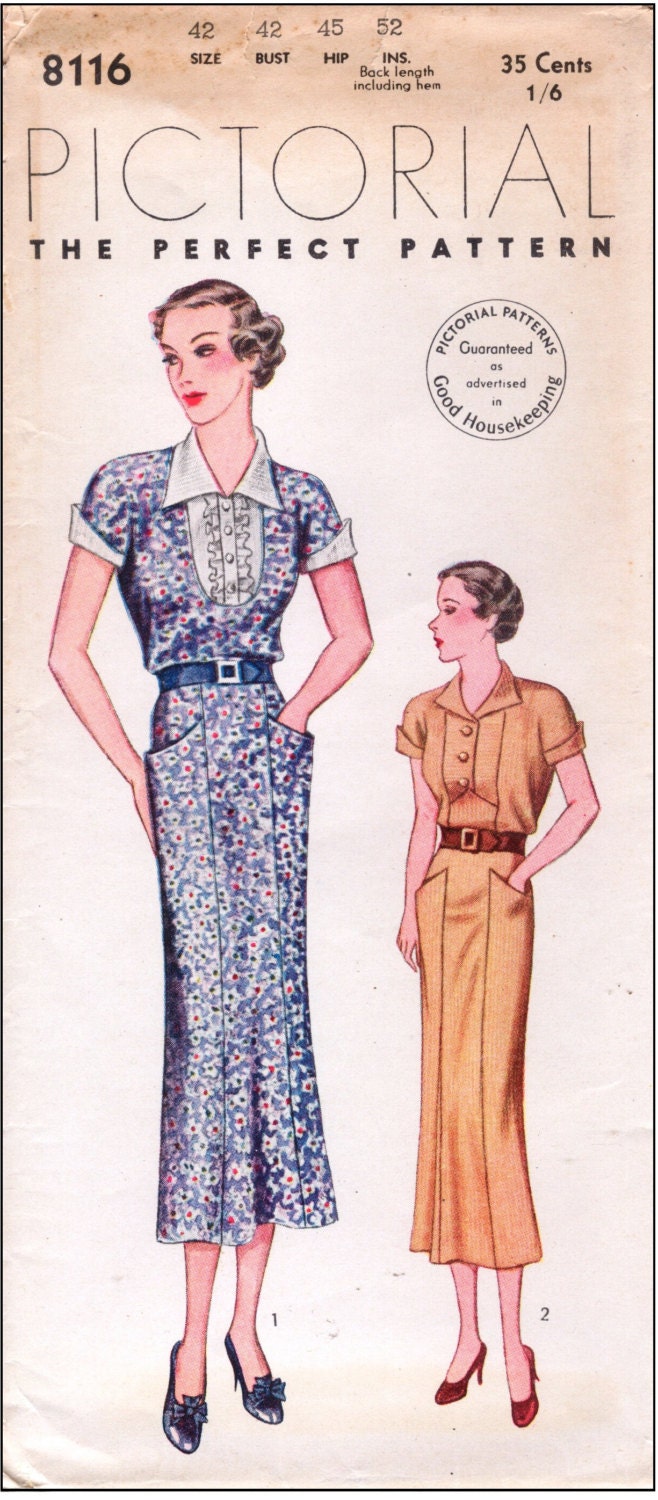 1930s Ladies Day Dress With Two Style Necklines - Reproduction 1936 Sewing Pattern #T8116 - 42 Inch Bust