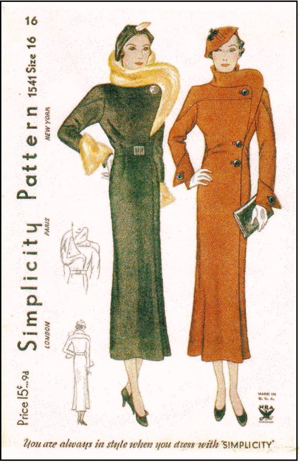 1930s Ladies Coat With Stand Up Collar - INSTANT DOWNLOAD - Reproduction 1934 Sewing Pattern #T1541 - 34 Inch Bust - PDF - Print At Home