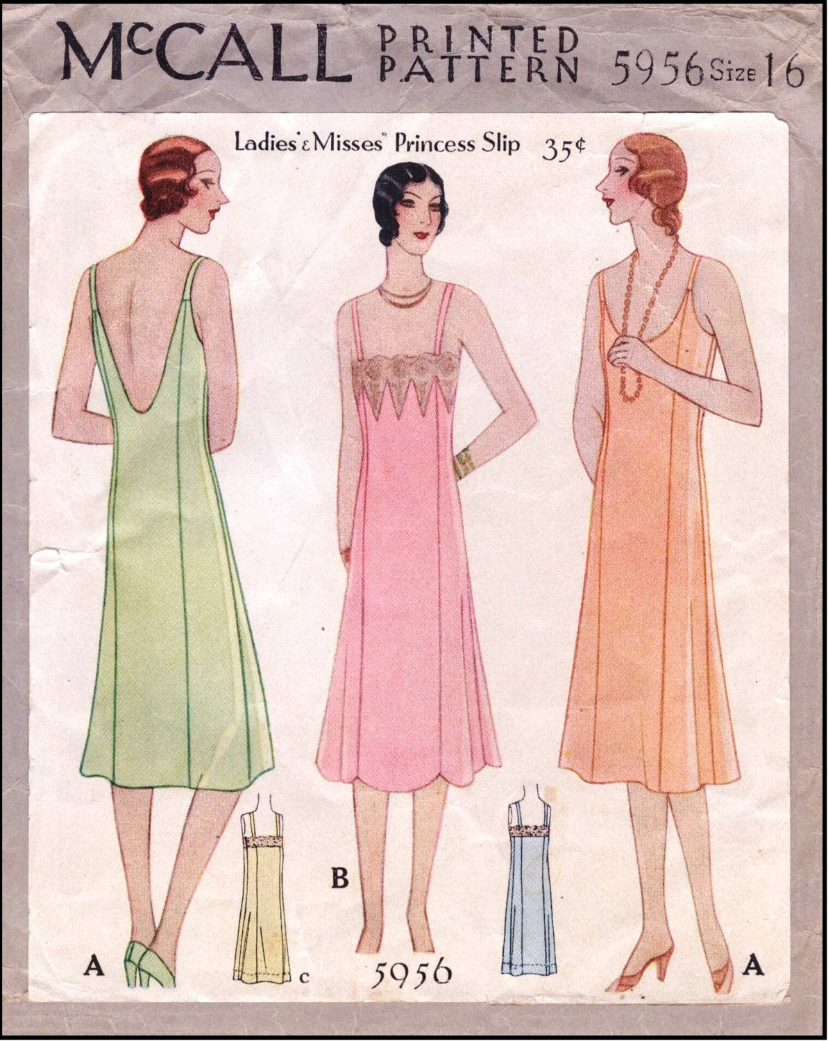 1920s-30s Ladies Princess Slip With Neckline Options - Reproduction 1929-30 Sewing Pattern #Z5956 - 34 Inch Bust