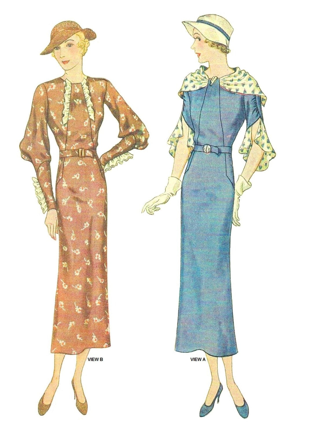 1930s Dress With Collar And Sleeve Options- INSTANT DOWNLOAD - Reproduction 1934 Sewing Pattern #T7744 - 44 Inch Bust - PDF - Print At Home