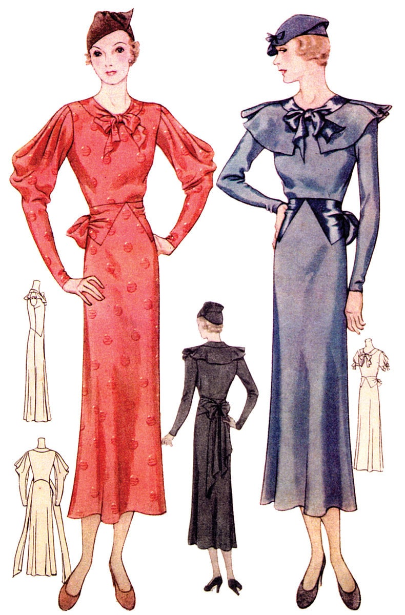 1930s Ladies Dress With Cowl Sleeves - Reproduction 1933 Sewing Pattern #T7562 - 40 Inch Bust