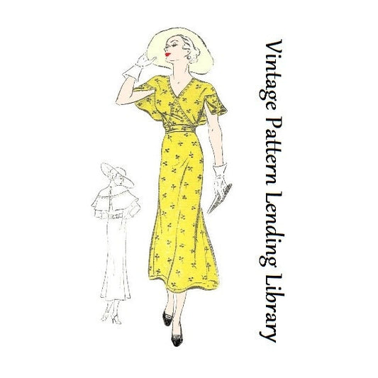1930s Ladies Day Dress With Cape Sleeves - Reproduction 1935 Sewing Pattern #T0135 - 32 Inch Bust