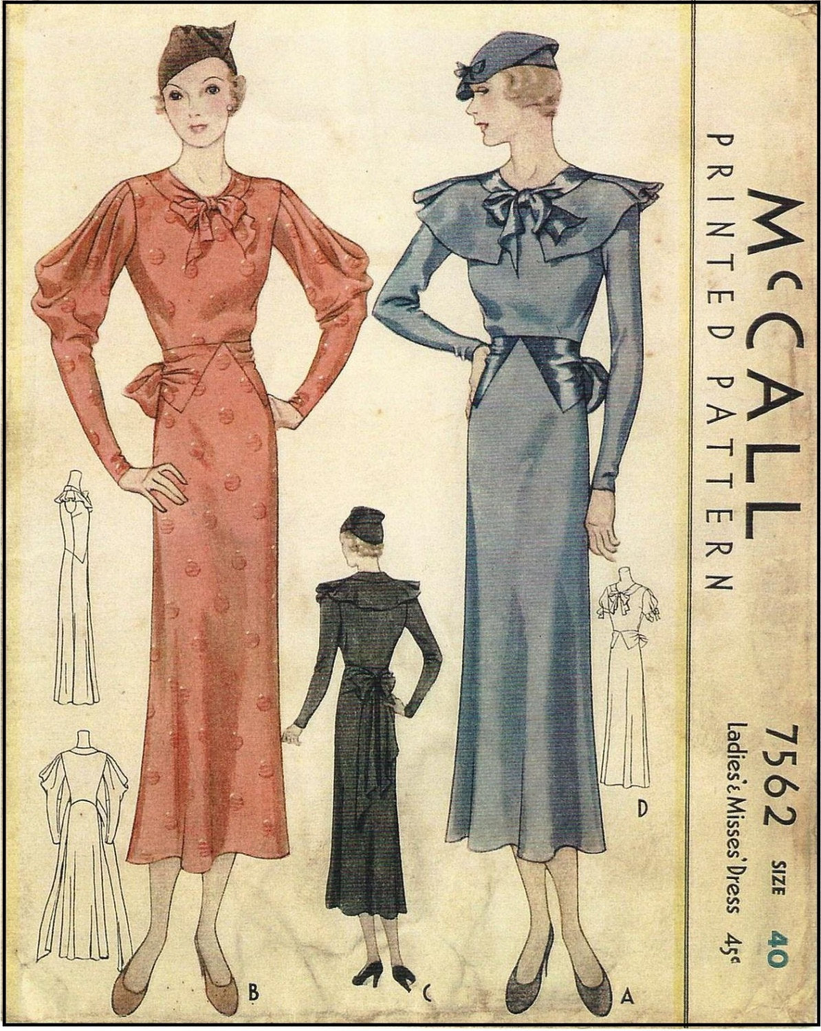 1930s Ladies Dress With Cowl Sleeves - Reproduction 1933 Sewing Pattern #T7562 - 40 Inch Bust