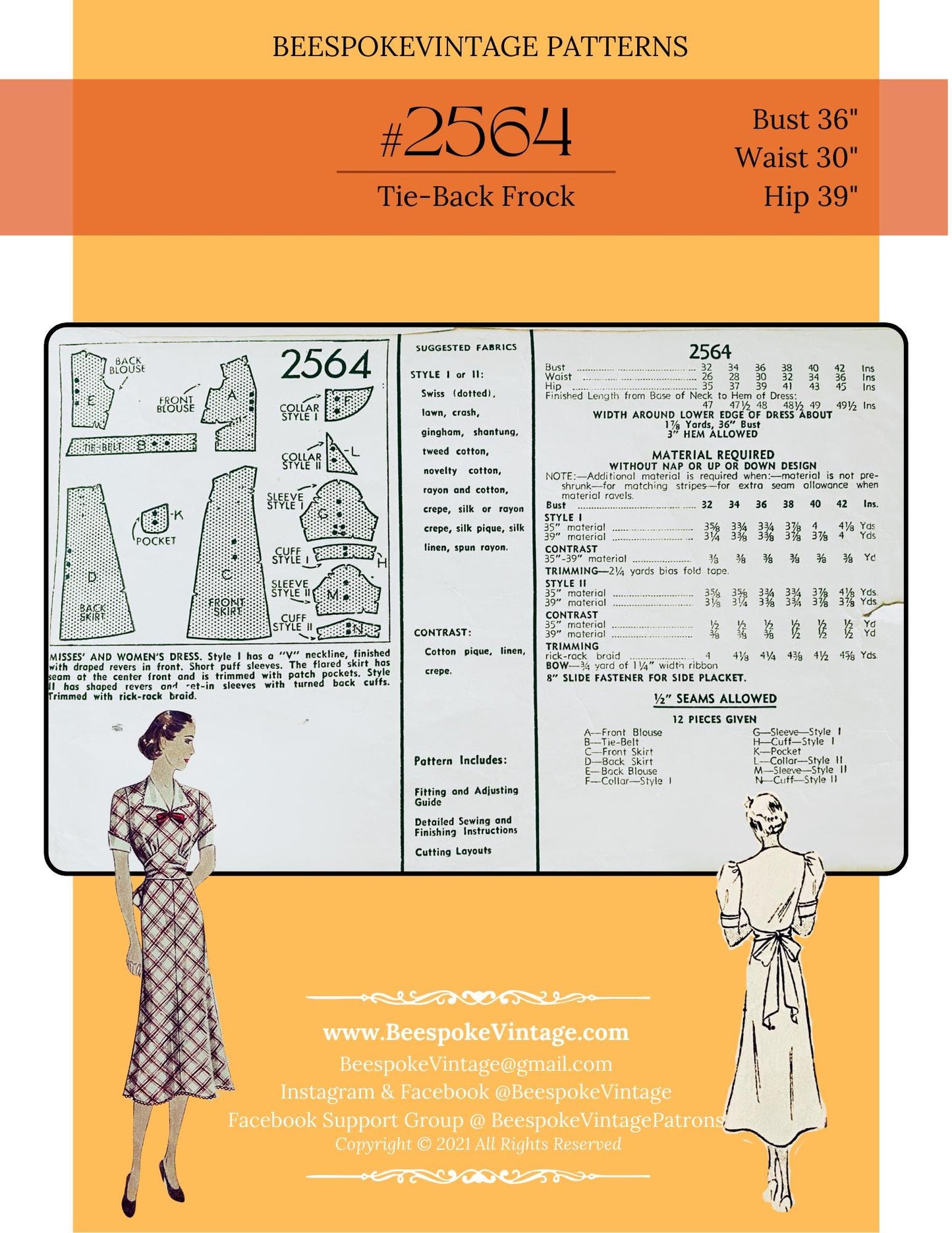 1930s Misses' Frock with Tie Back - Bust 36" - Reproduction Vintage Pattern #2564-36  - PDF - Print At Home