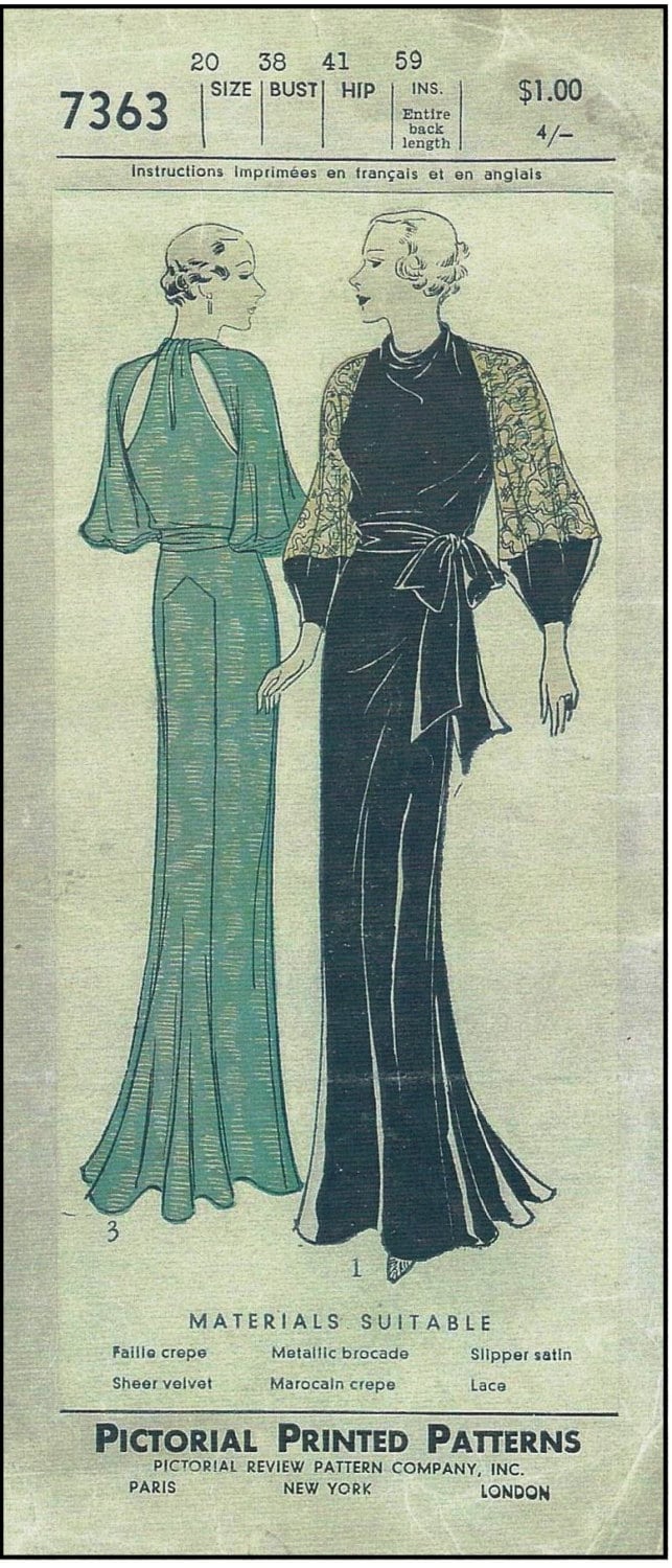 1930s Ladies Evening Gown With Slashed Back - Reproduction 1934 Sewing Pattern #T7363 - 38 Inch Bust