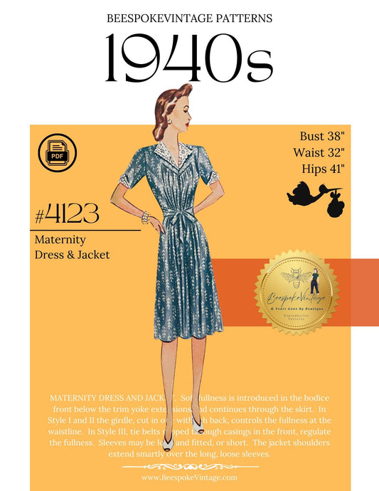 1940s Maternity Dress and Jacket - Bust 38" - Reproduction Vintage Pattern #4123-38 - PDF - Print At Home