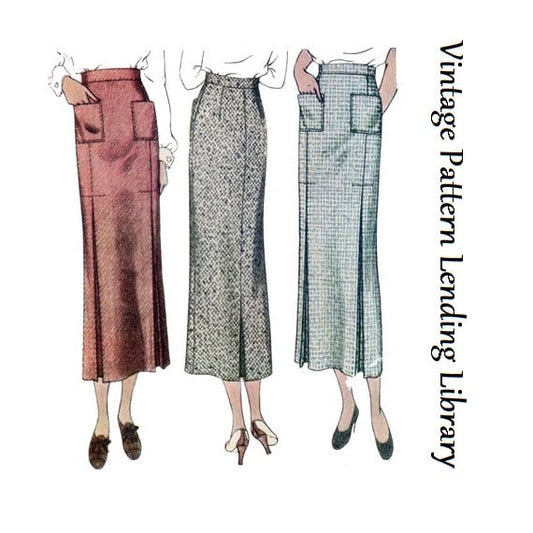 1930s Ladies Skirt With Patch Pockets- Reproduction 1935 Sewing Pattern #T8354 - 34 Inch Waist