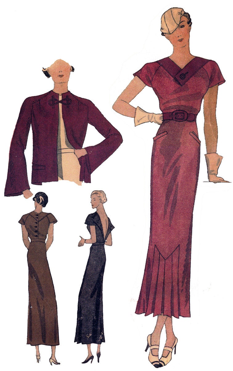 1930s Ladies V-Front Dress With Jacket - Reproduction 1934 Sewing Pattern #T1364 - 32 Inch Bust