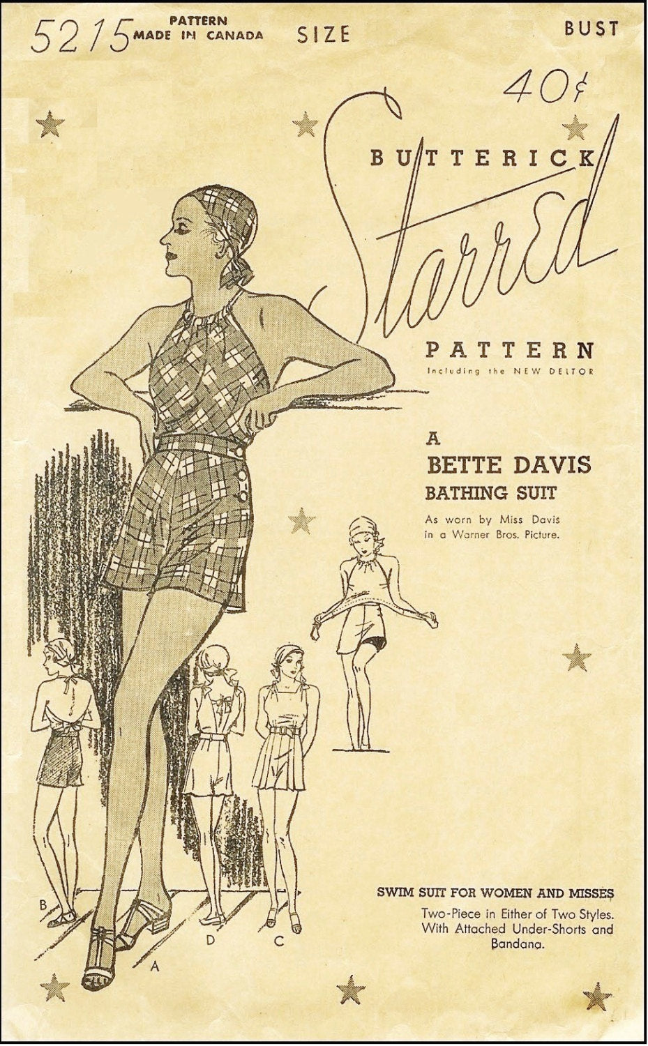 1930s Bette Davis Bathing Suit in Two Styles - INSTANT DOWNLOAD - Reproduction 1933 Sewing Pattern #T5215 -32 Inch Bust- PDF - Print At Home